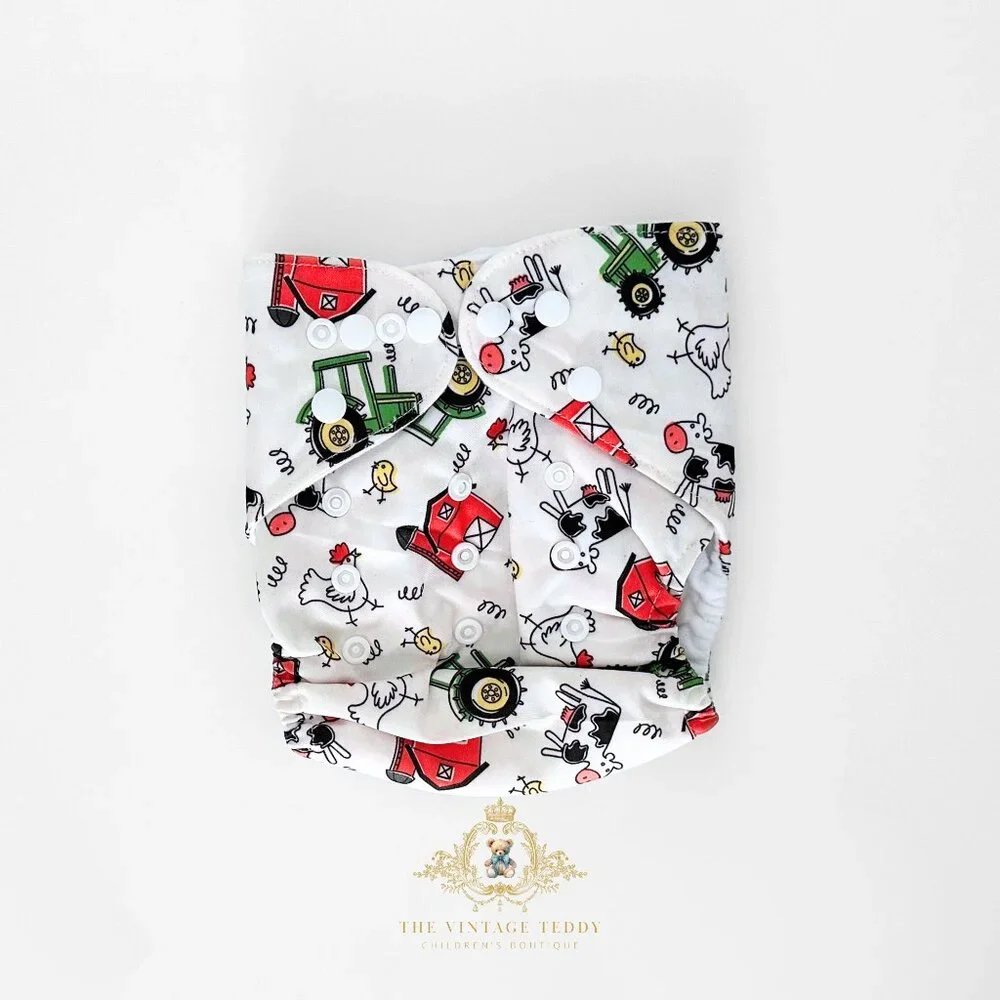 NWT Cute Baby Cloth Diapers Reusable Washable Little Farmer Farm Theme Set of 4